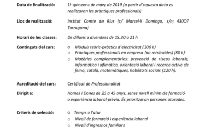 Curs de formació – Curs d’Auxiliar de muntatge d’instal·lacions electrotècniques i de telecomunicacions en edificis