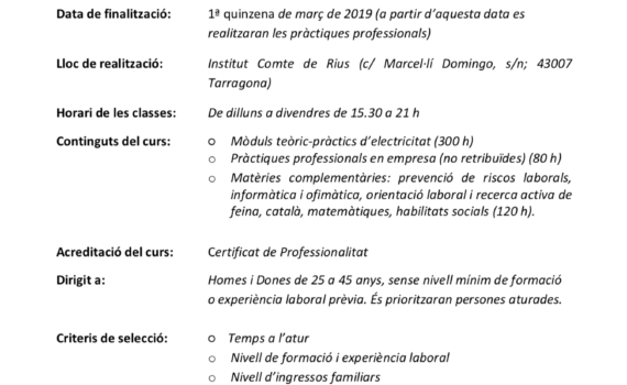 Curs de formació – Curs d’Auxiliar de muntatge d’instal·lacions electrotècniques i de telecomunicacions en edificis